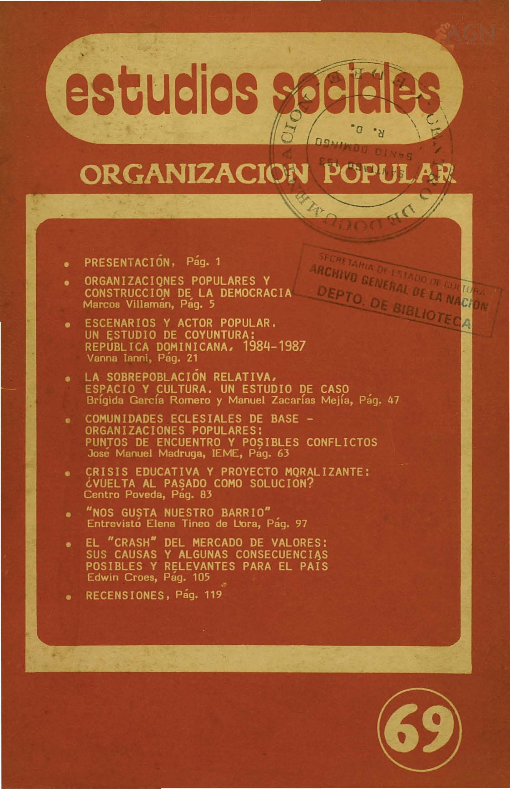 						View Vol. 20 No. 69 (1987): Organización Popular
					